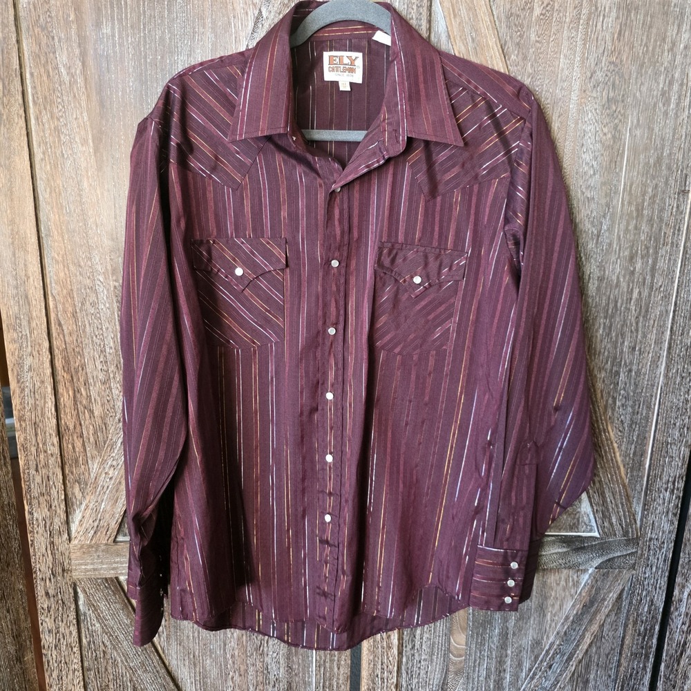Ely Cattleman Shirt Men's 16.5/35 Burgundy Pearl Snap Metallic Striped Western